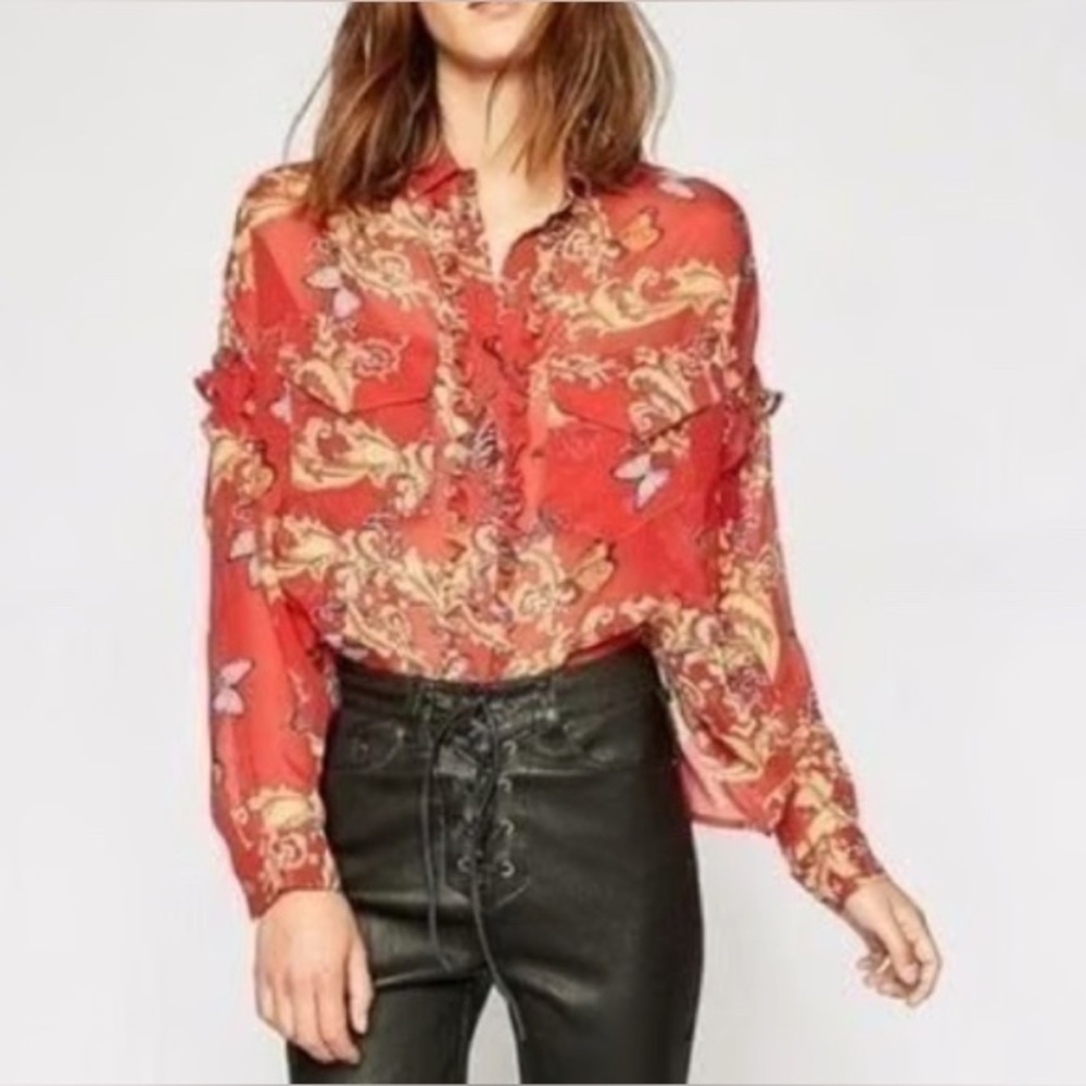 The Kooples 100% silk red with butterfly print Boxy‎ fit size/oversized size XXS